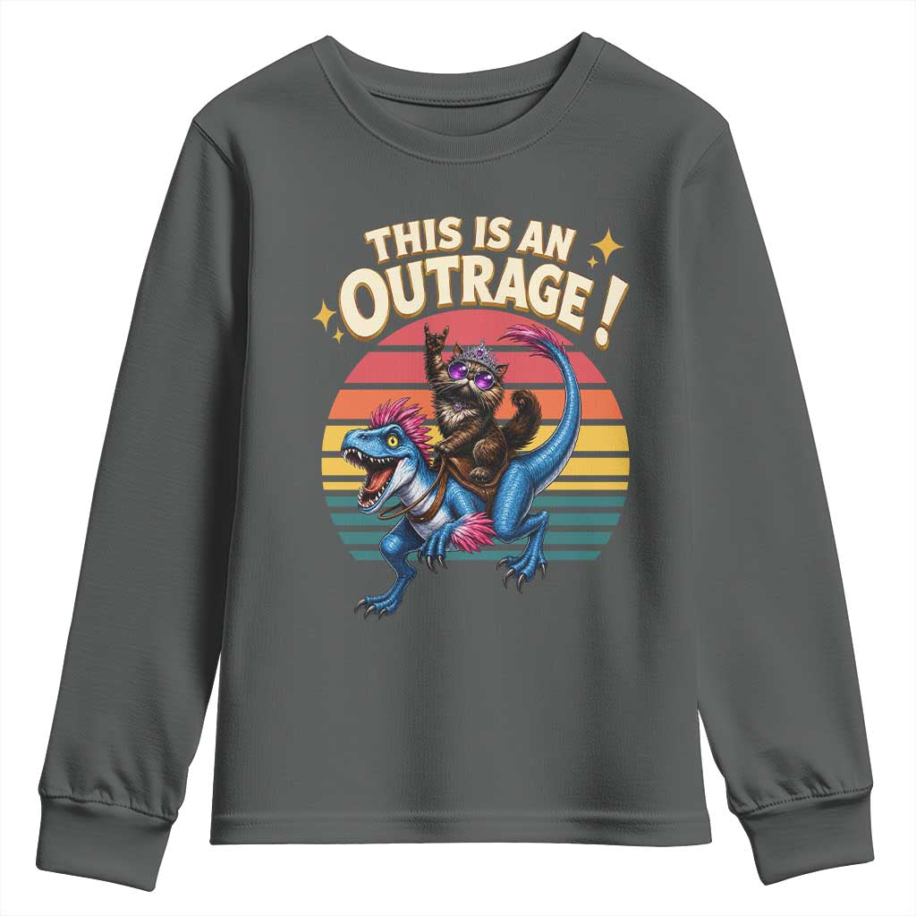 This Is An Outrage Cat Riding Dinosaur Youth Sweatshirt Sci-Fi Book Lover Gift