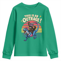 This Is An Outrage Cat Riding Dinosaur Youth Sweatshirt Sci-Fi Book Lover Gift