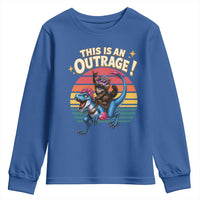 This Is An Outrage Cat Riding Dinosaur Youth Sweatshirt Sci-Fi Book Lover Gift
