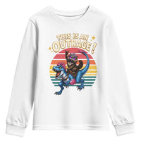 This Is An Outrage Cat Riding Dinosaur Youth Sweatshirt Sci-Fi Book Lover Gift