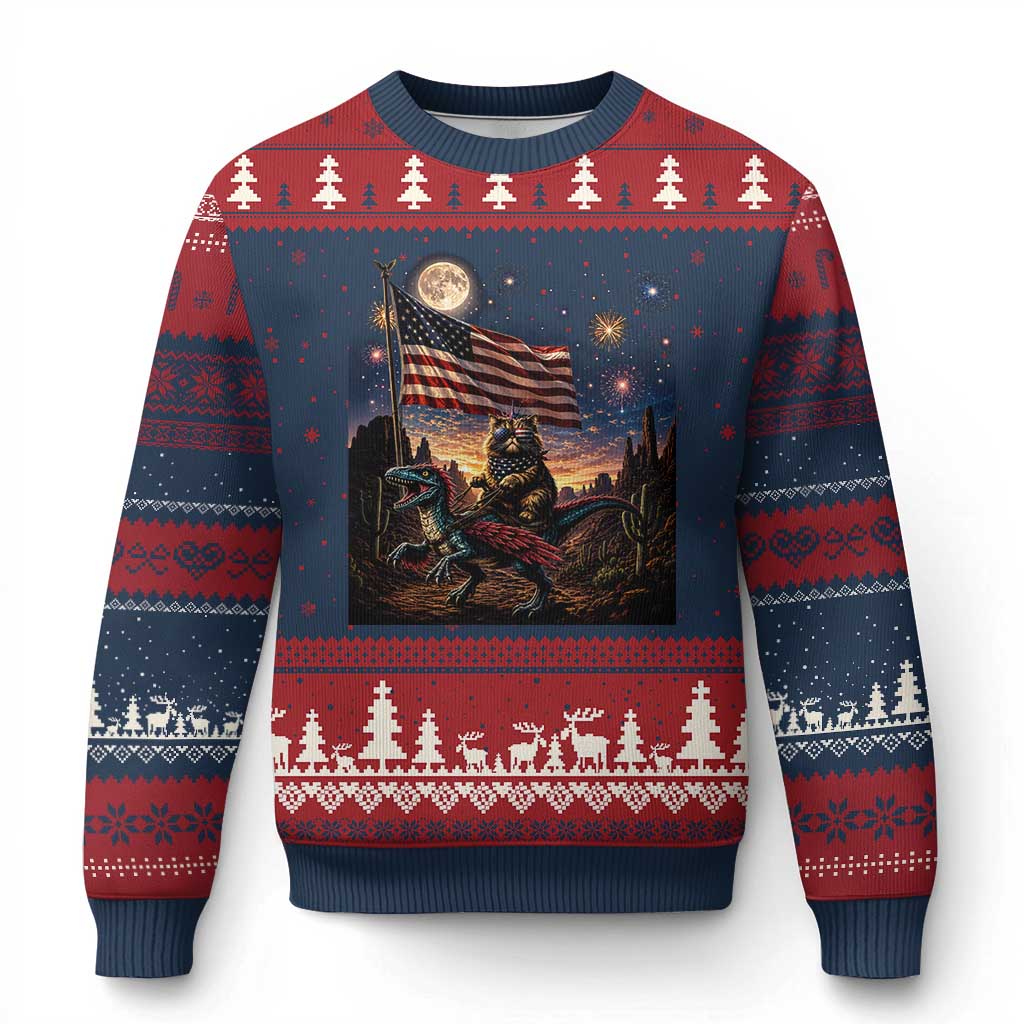 Funny Princess Cat On Dinosaur Patriotic Freedom Gift Ugly Christmas Sweater