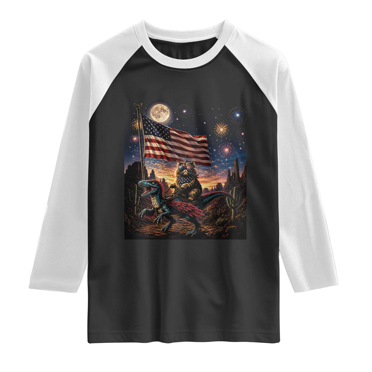 Funny Princess Cat On Dinosaur Patriotic Freedom Gift Raglan Shirt