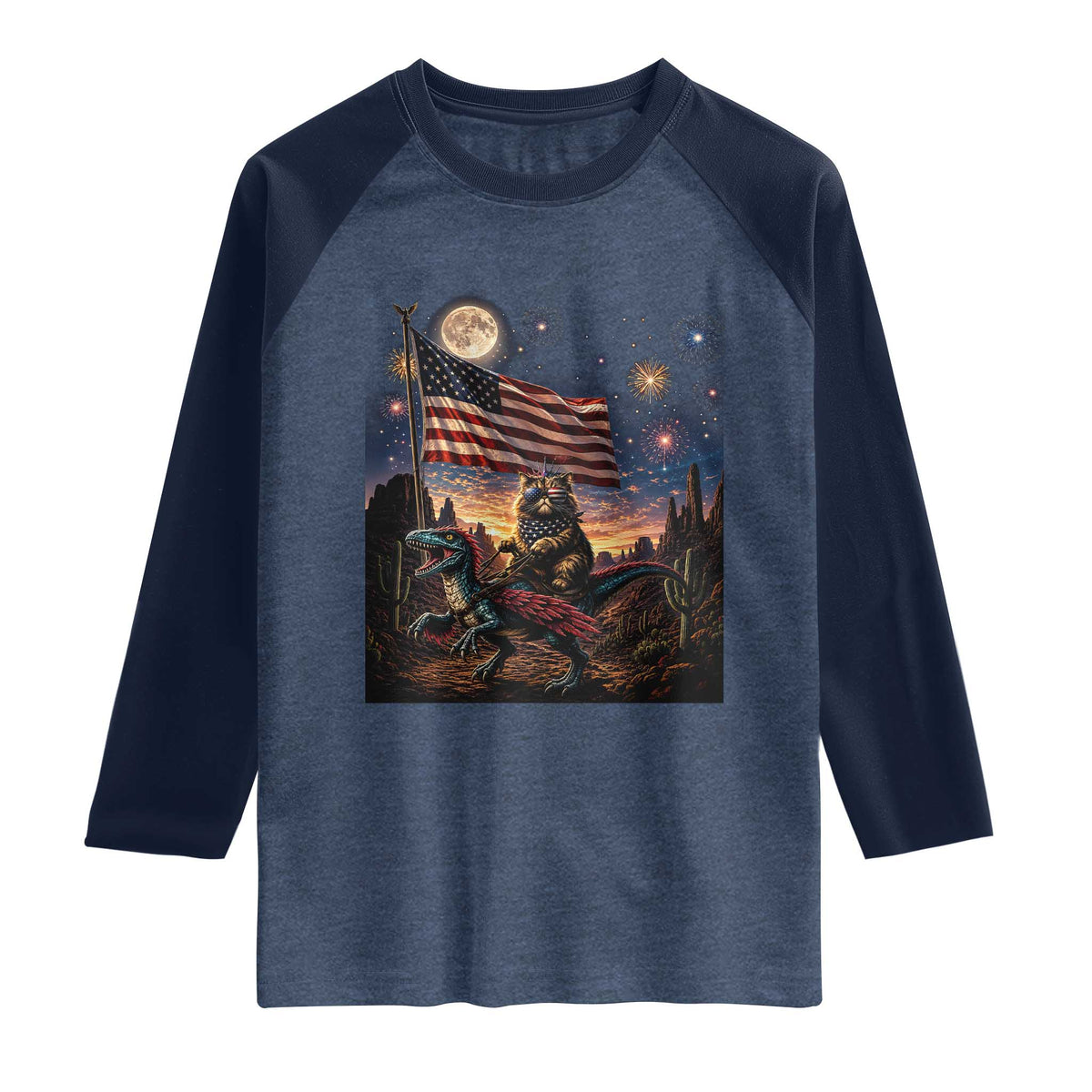 Funny Princess Cat On Dinosaur Patriotic Freedom Gift Raglan Shirt