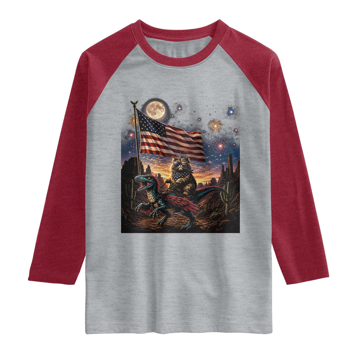 Funny Princess Cat On Dinosaur Patriotic Freedom Gift Raglan Shirt