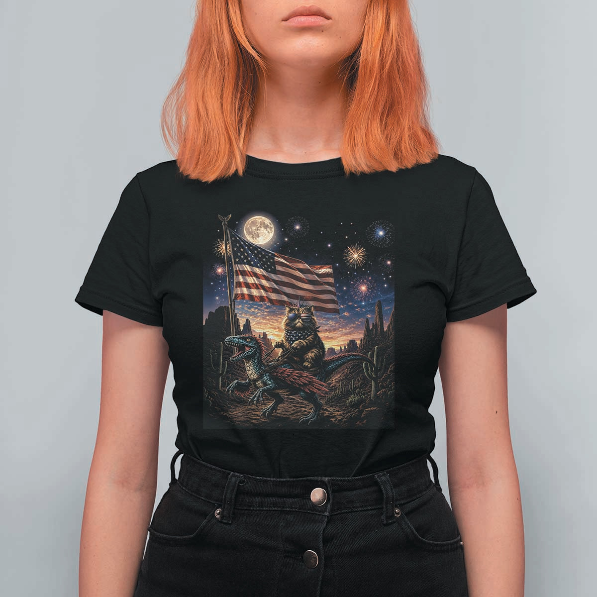 Funny Princess Cat On Dinosaur Patriotic Freedom Gift T Shirt For Women