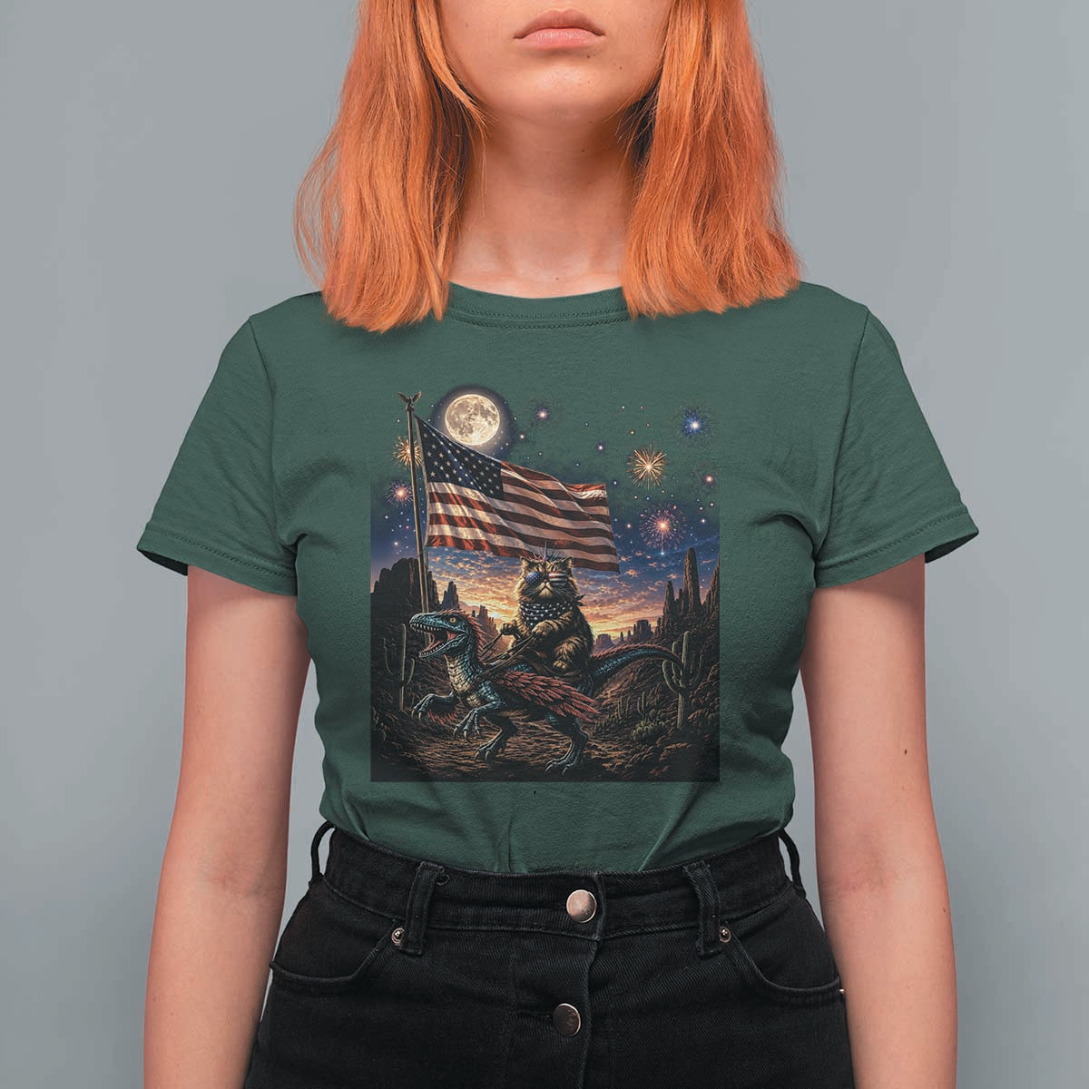 Funny Princess Cat On Dinosaur Patriotic Freedom Gift T Shirt For Women