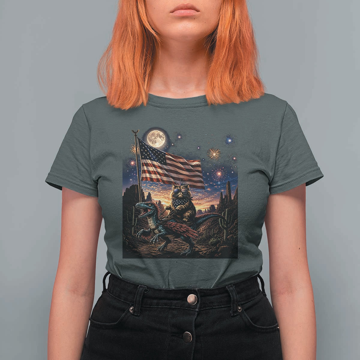Funny Princess Cat On Dinosaur Patriotic Freedom Gift T Shirt For Women