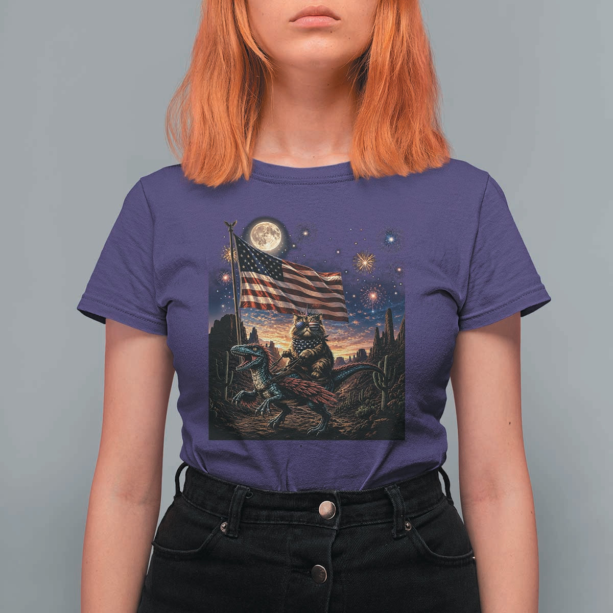Funny Princess Cat On Dinosaur Patriotic Freedom Gift T Shirt For Women