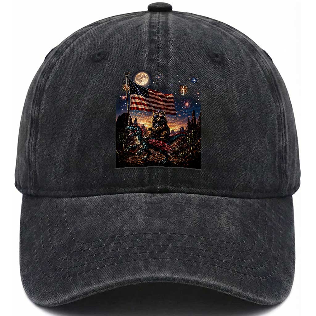 Funny Princess Cat On Dinosaur Patriotic Freedom Gift Washed Cotton Baseball Cap