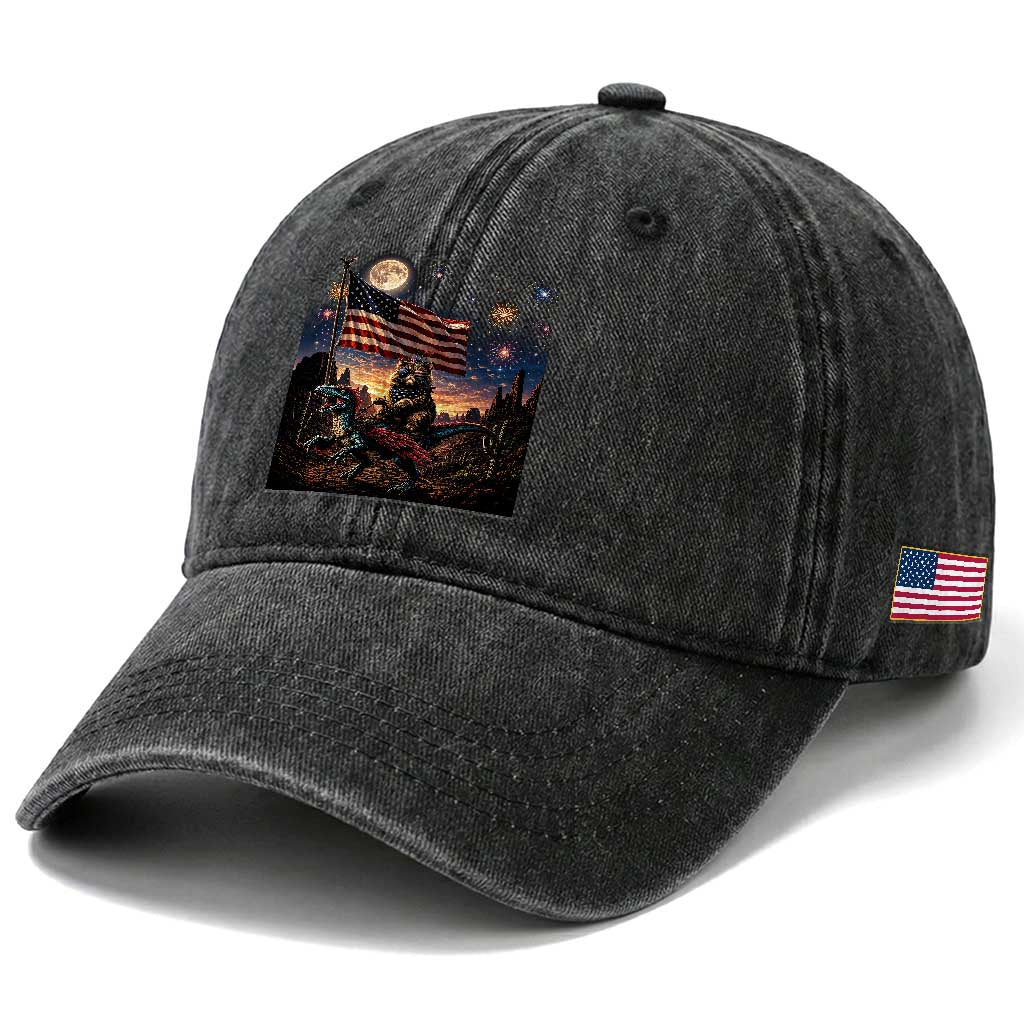 Funny Princess Cat On Dinosaur Patriotic Freedom Gift Washed Cotton Baseball Cap