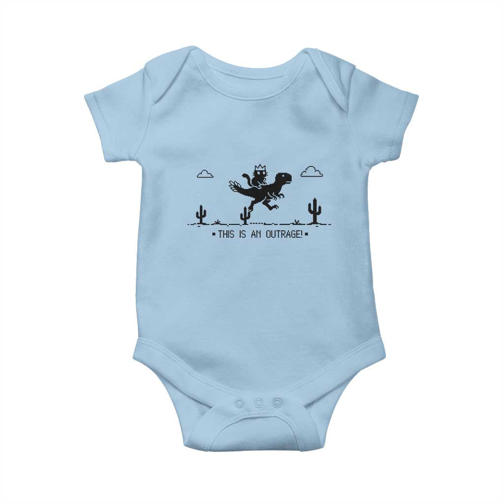 Funny Cat Riding Dinosaur Pixel Retro Baby Onesie This Is An Outrage