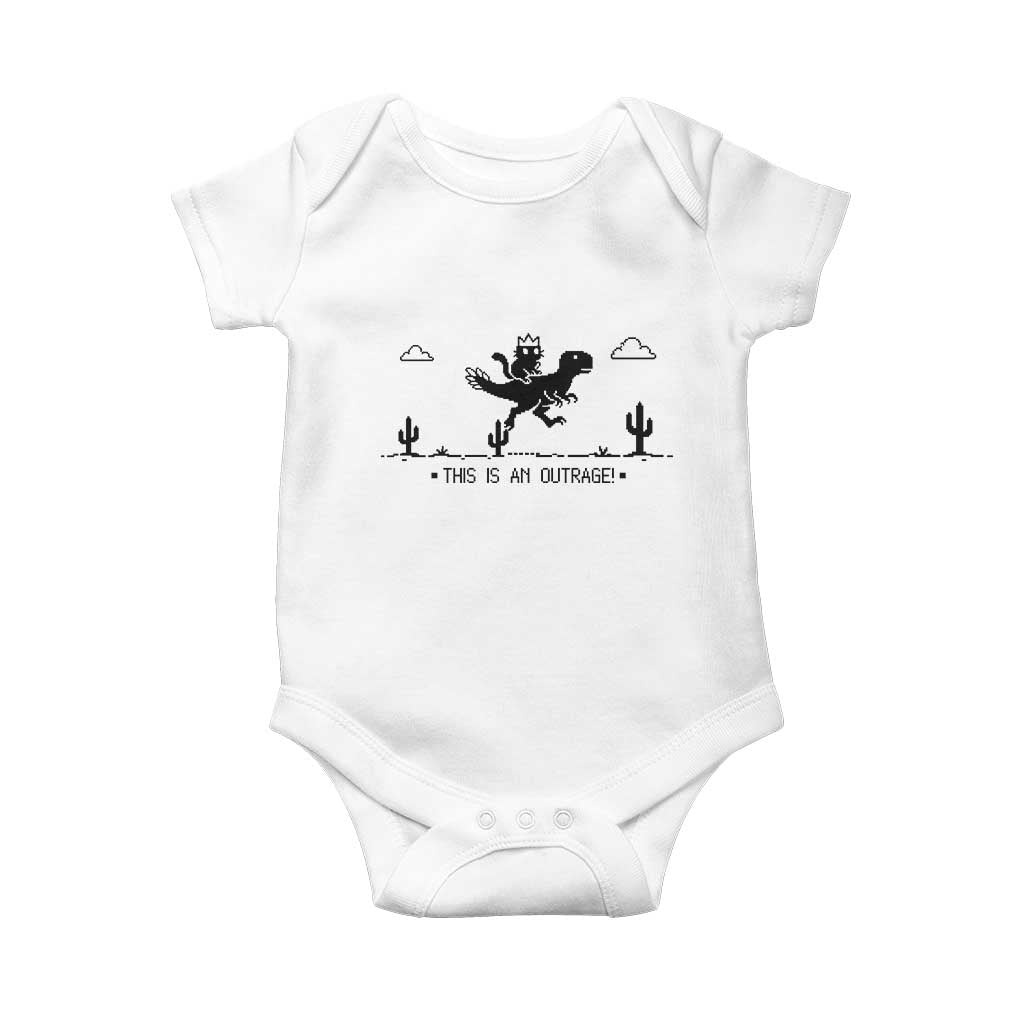 Funny Cat Riding Dinosaur Pixel Retro Baby Onesie This Is An Outrage