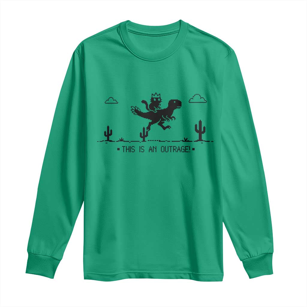 Funny Cat Riding Dinosaur Pixel Retro Long Sleeve Shirt This Is An Outrage
