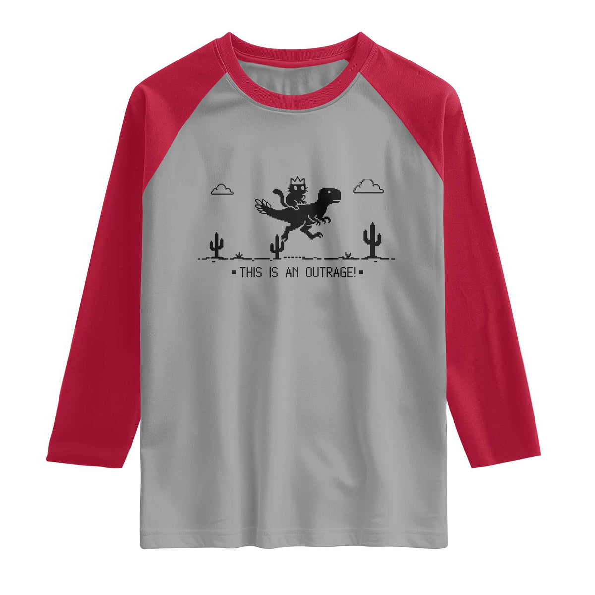 Funny Cat Riding Dinosaur Pixel Retro Raglan Shirt This Is An Outrage