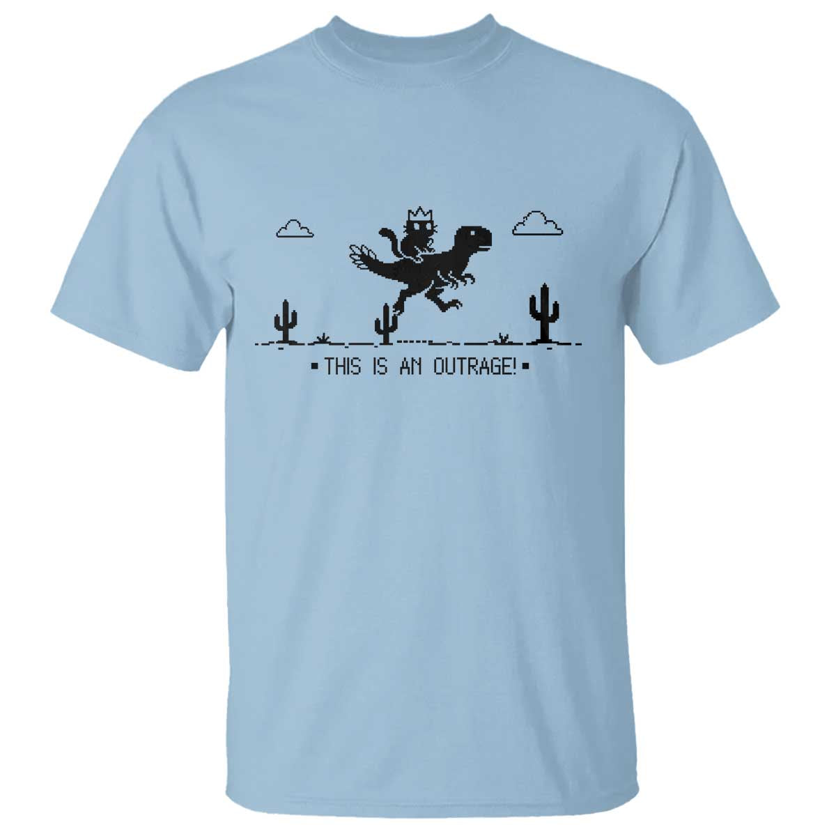 Funny Cat Riding Dinosaur Pixel Retro T Shirt This Is An Outrage