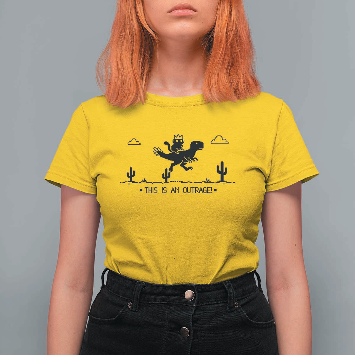 Funny Cat Riding Dinosaur Pixel Retro T Shirt For Women This Is An Outrage