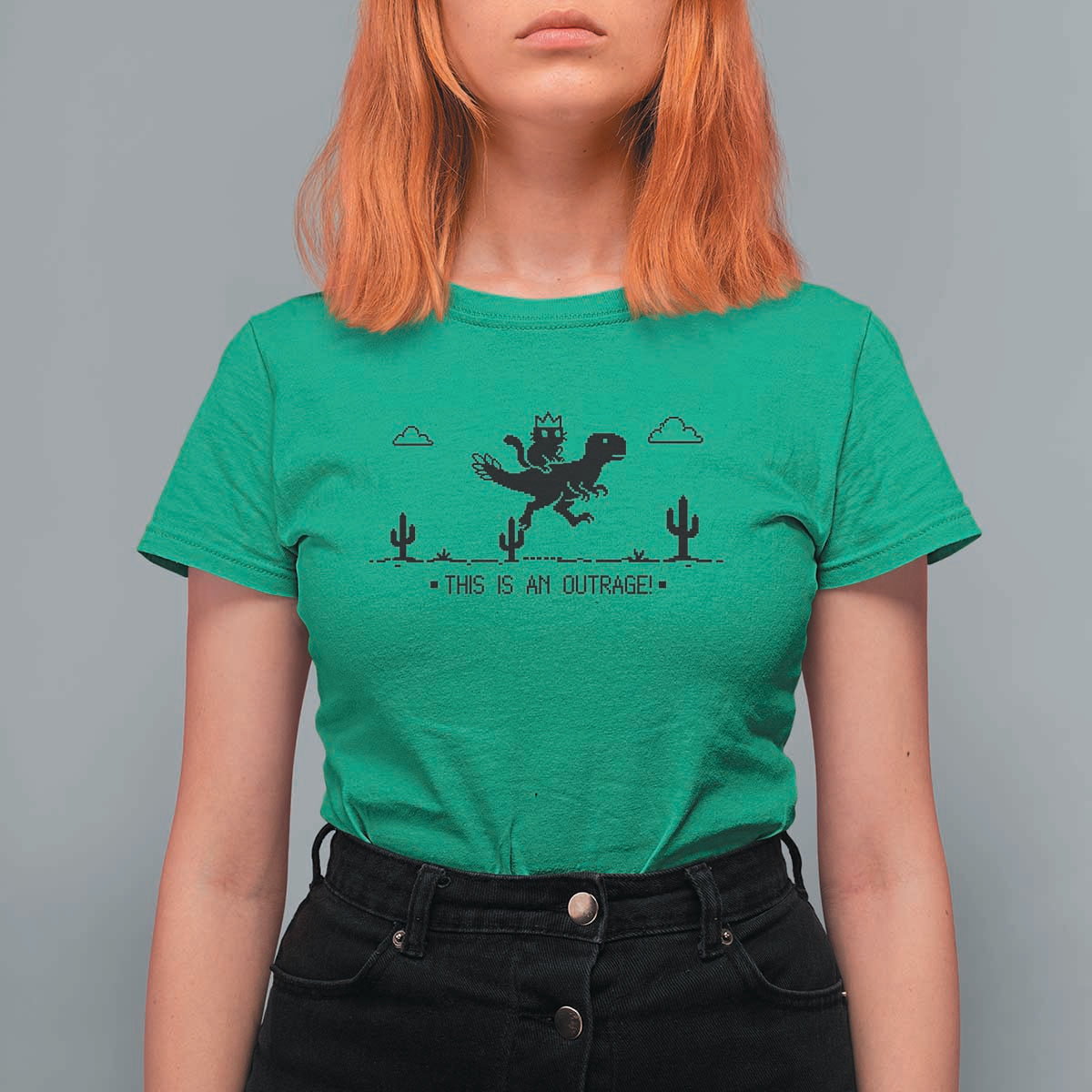 Funny Cat Riding Dinosaur Pixel Retro T Shirt For Women This Is An Outrage