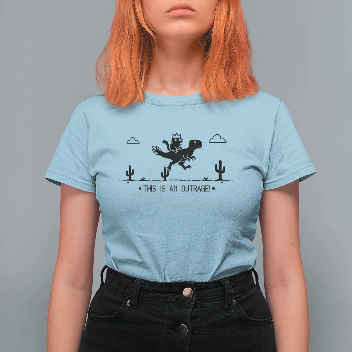 Funny Cat Riding Dinosaur Pixel Retro T Shirt For Women This Is An Outrage