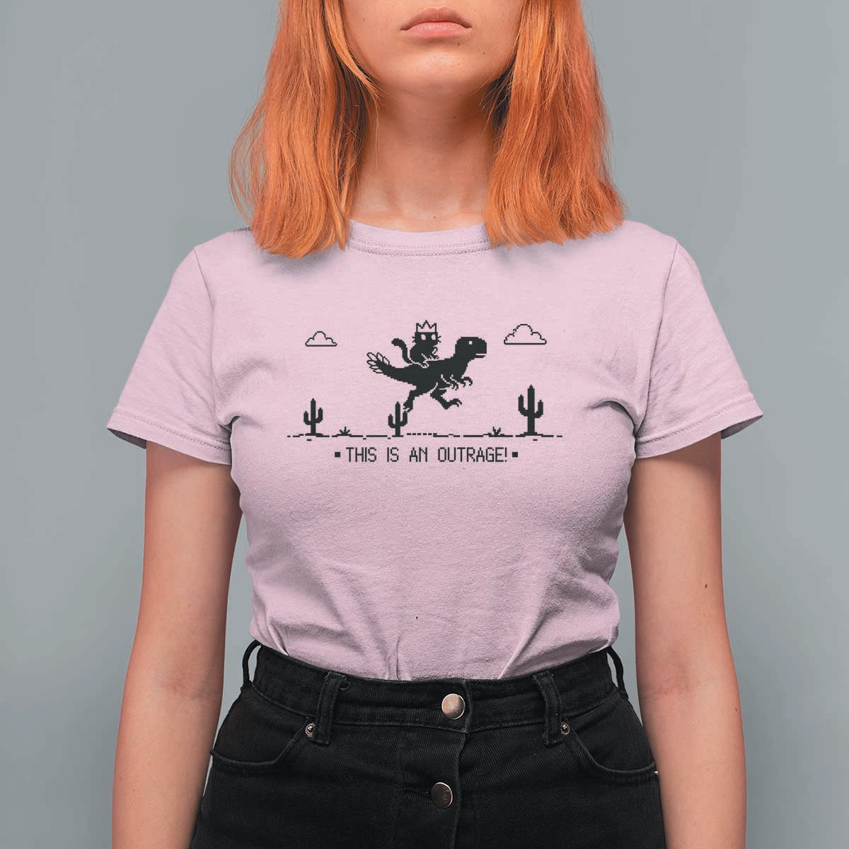 Funny Cat Riding Dinosaur Pixel Retro T Shirt For Women This Is An Outrage