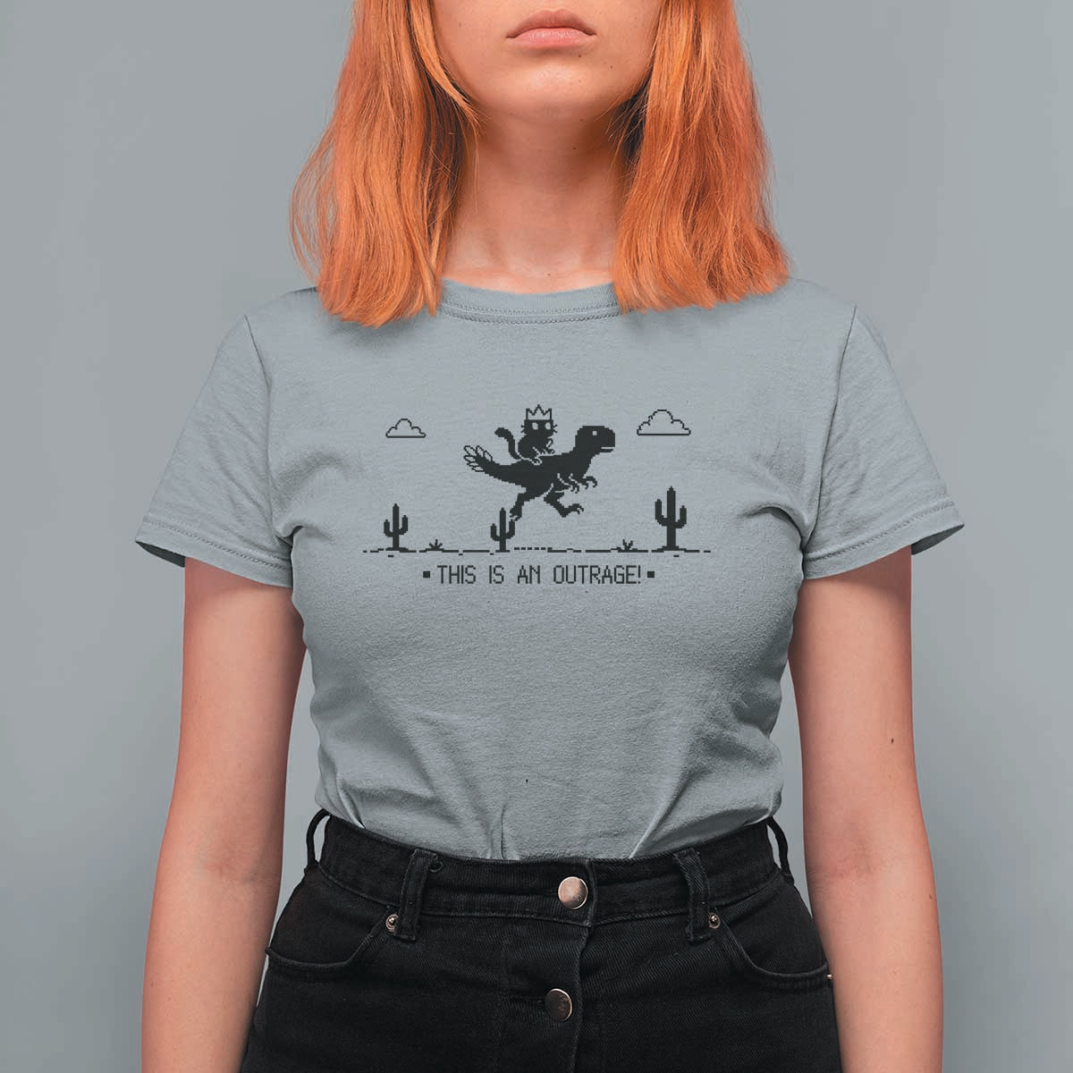 Funny Cat Riding Dinosaur Pixel Retro T Shirt For Women This Is An Outrage