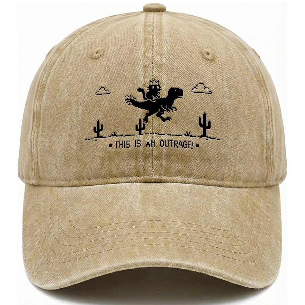 Funny Cat Riding Dinosaur Pixel Retro Washed Cotton Baseball Cap This Is An Outrage