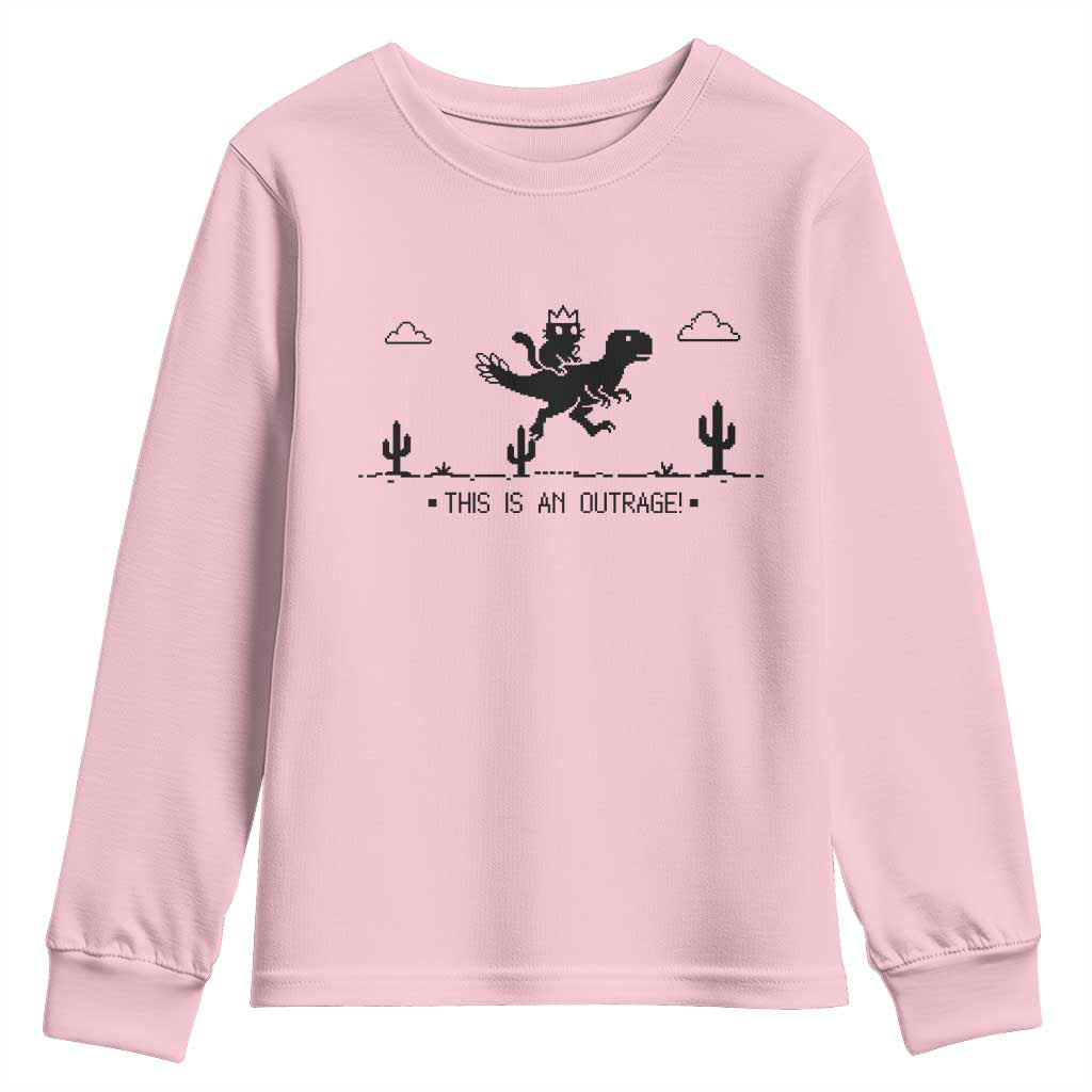 Funny Cat Riding Dinosaur Pixel Retro Youth Sweatshirt This Is An Outrage