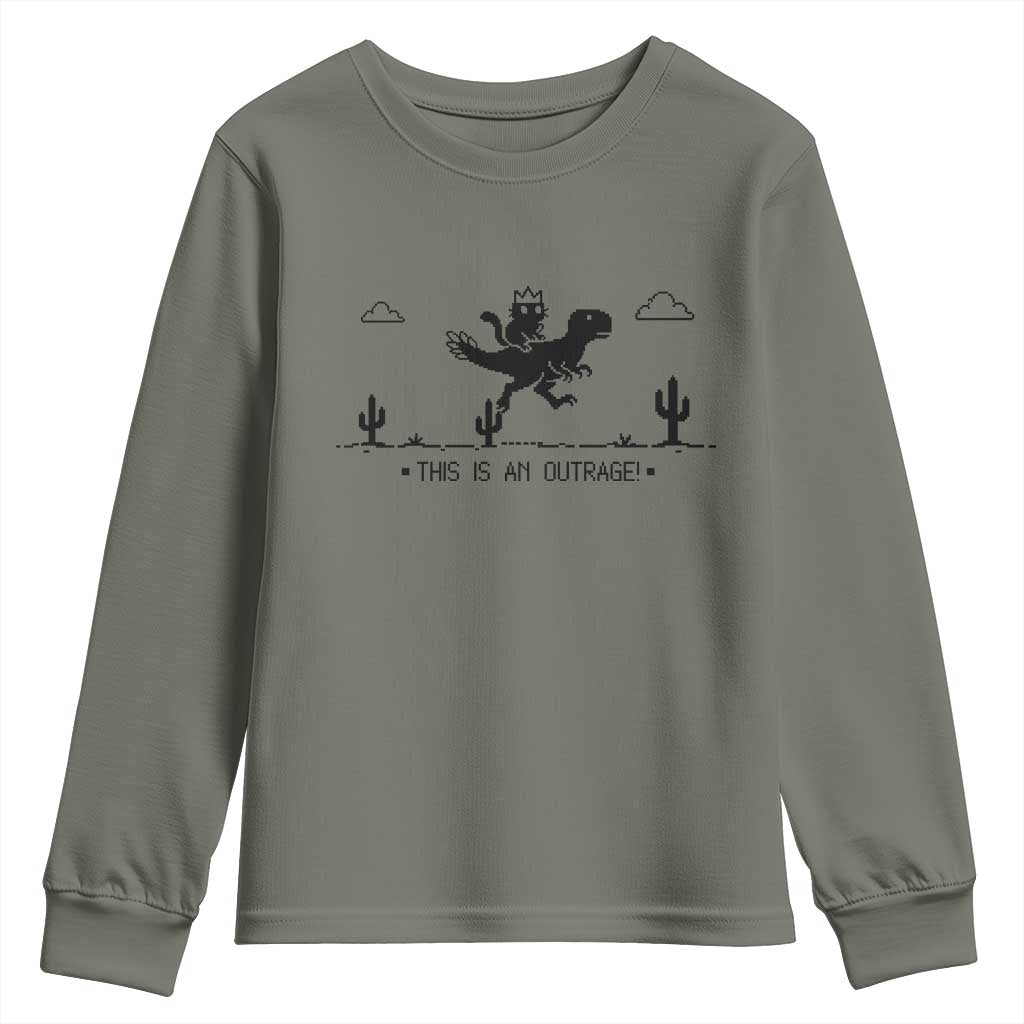 Funny Cat Riding Dinosaur Pixel Retro Youth Sweatshirt This Is An Outrage