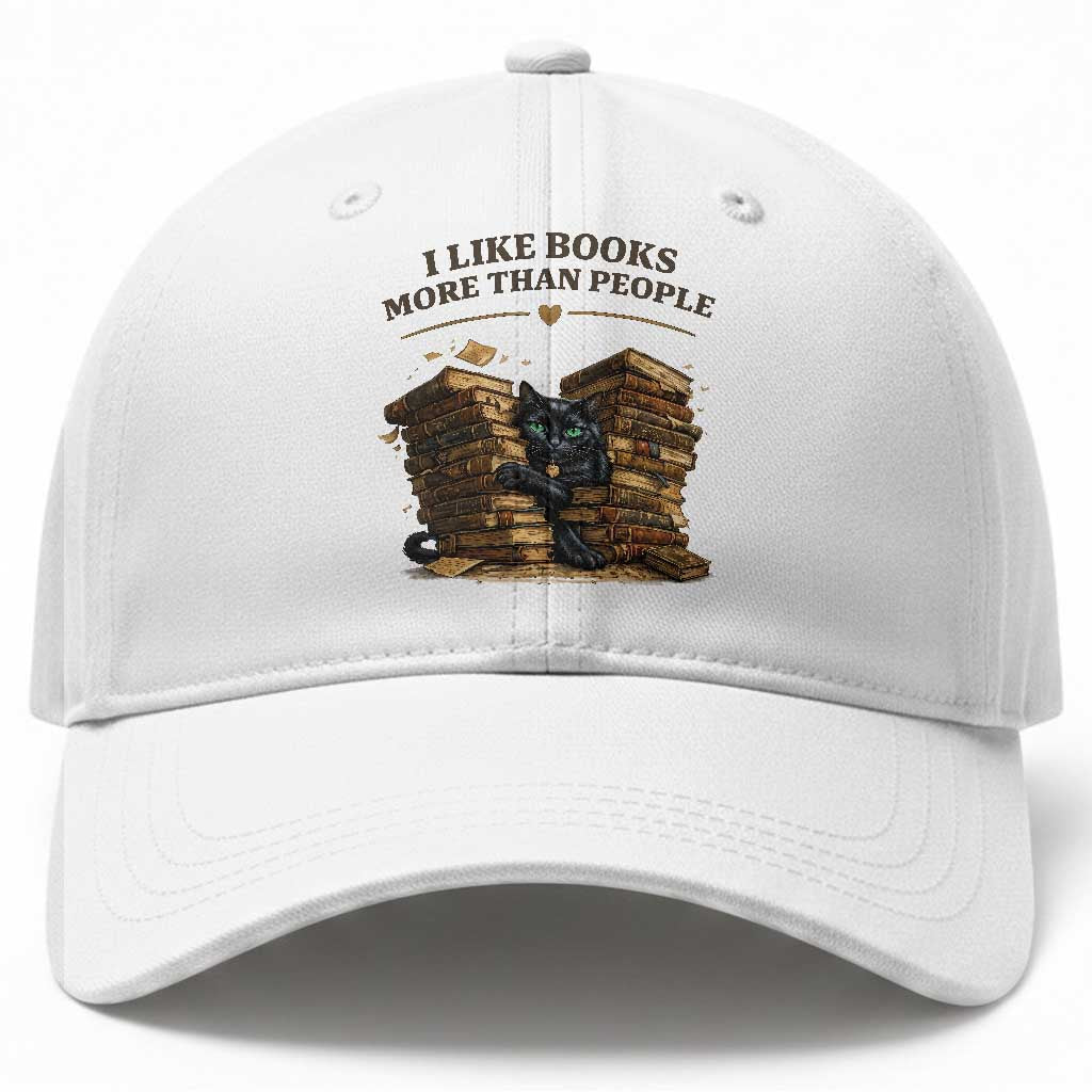 Funny Black Cat Bookworm Quote Baseball Cap I Like Books More Than People