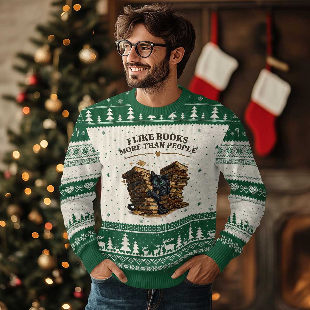 Funny Black Cat Bookworm Quote Ugly Christmas Sweater I Like Books More Than People