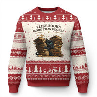 Funny Black Cat Bookworm Quote Ugly Christmas Sweater I Like Books More Than People