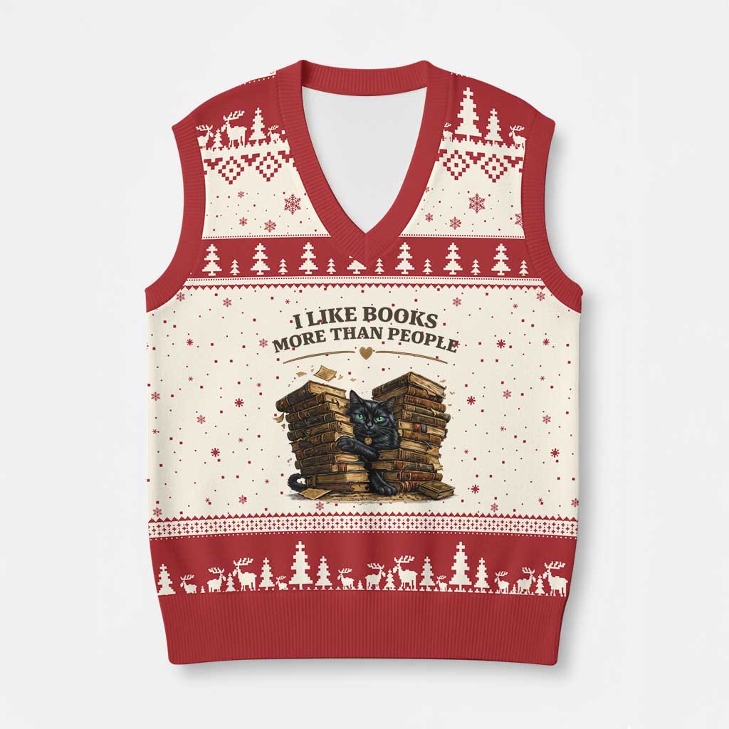 Funny Black Cat Bookworm Quote V-Neck Knit Sweater Vest I Like Books More Than People