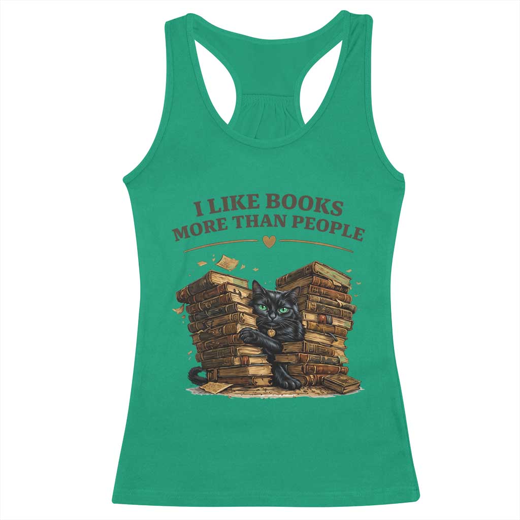 Funny Black Cat Bookworm Quote Racerback Tank Top I Like Books More Than People