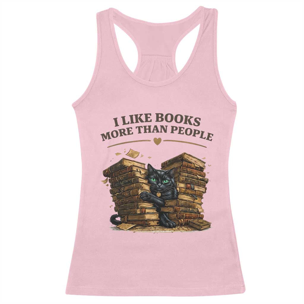Funny Black Cat Bookworm Quote Racerback Tank Top I Like Books More Than People