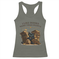 Funny Black Cat Bookworm Quote Racerback Tank Top I Like Books More Than People