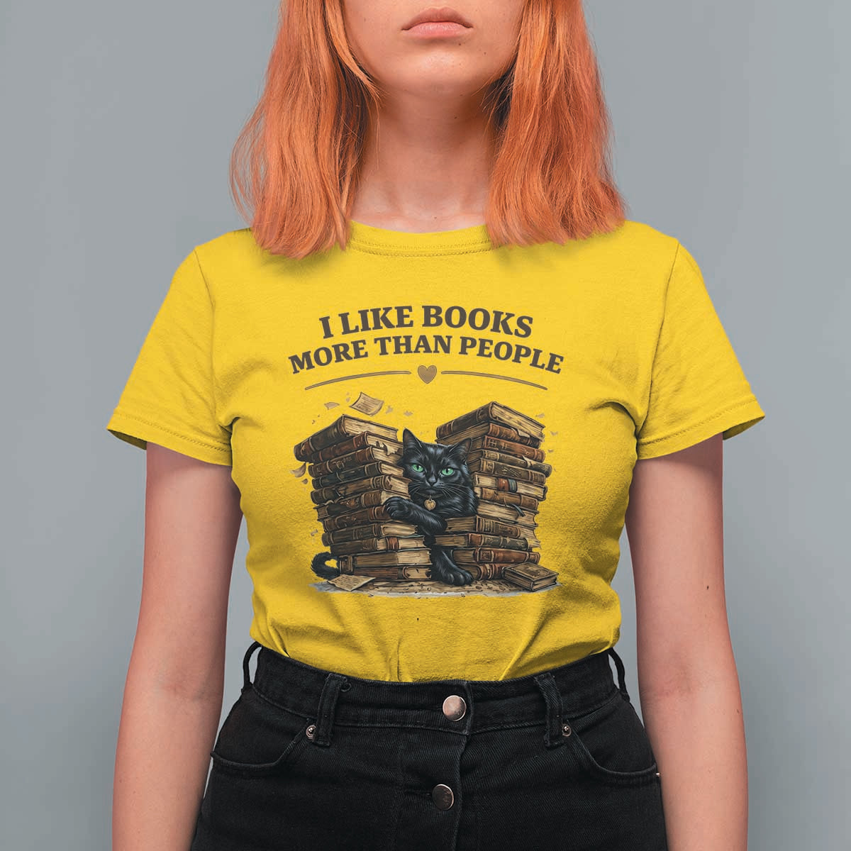 Funny Black Cat Bookworm Quote T Shirt For Women I Like Books More Than People