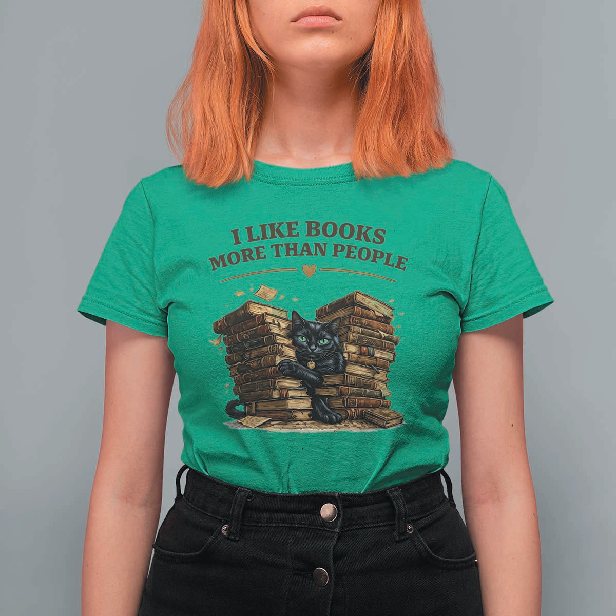 Funny Black Cat Bookworm Quote T Shirt For Women I Like Books More Than People