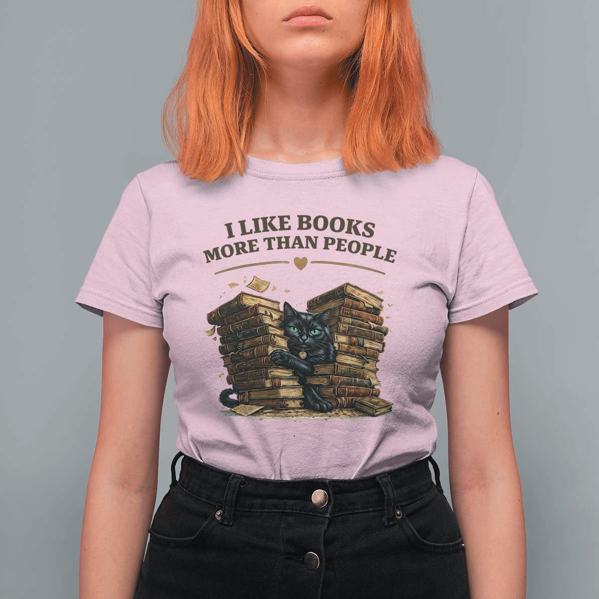 Funny Black Cat Bookworm Quote T Shirt For Women I Like Books More Than People