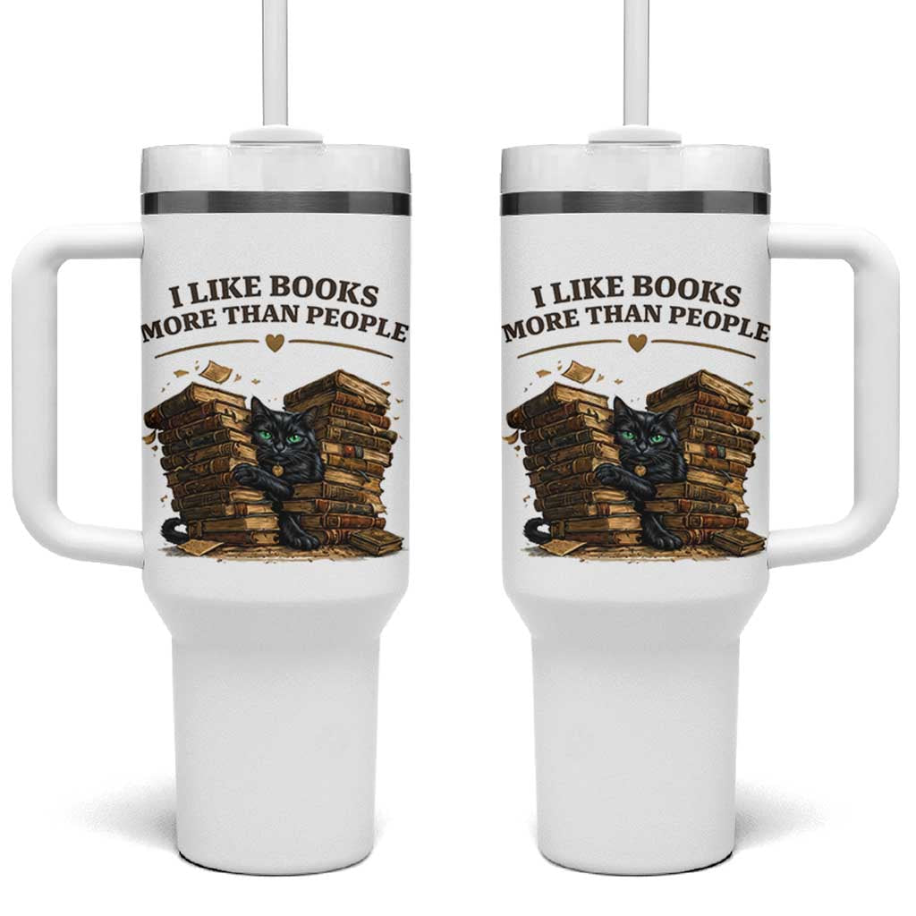 Funny Black Cat Bookworm Quote Tumbler With Handle I Like Books More Than People