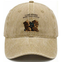 Funny Black Cat Bookworm Quote Washed Cotton Baseball Cap I Like Books More Than People