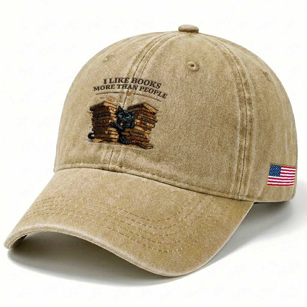 Funny Black Cat Bookworm Quote Washed Cotton Baseball Cap I Like Books More Than People