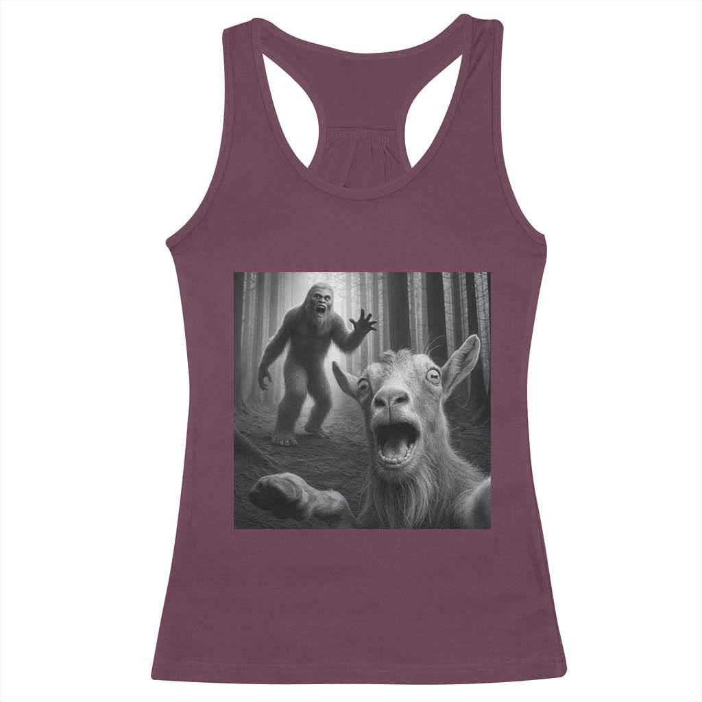 Goat Selfie With Bigfoot Racerback Tank Top Funny Cryptid Gift - Wonder Print Shop