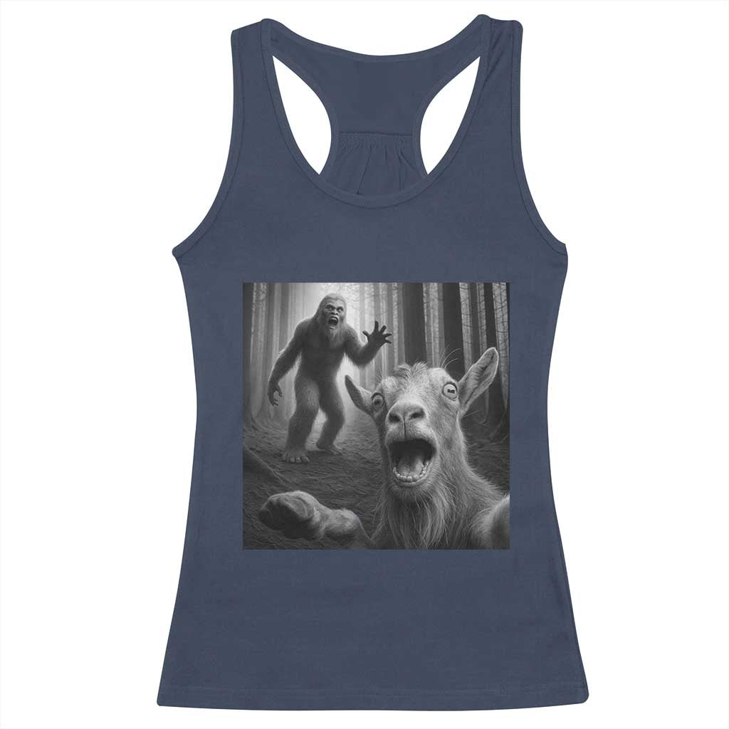 Goat Selfie With Bigfoot Racerback Tank Top Funny Cryptid Gift - Wonder Print Shop