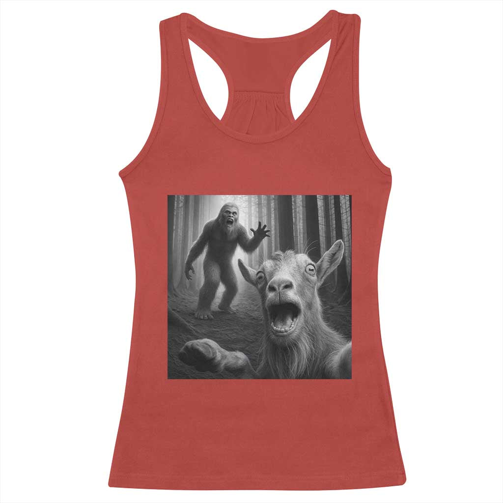 Goat Selfie With Bigfoot Racerback Tank Top Funny Cryptid Gift - Wonder Print Shop