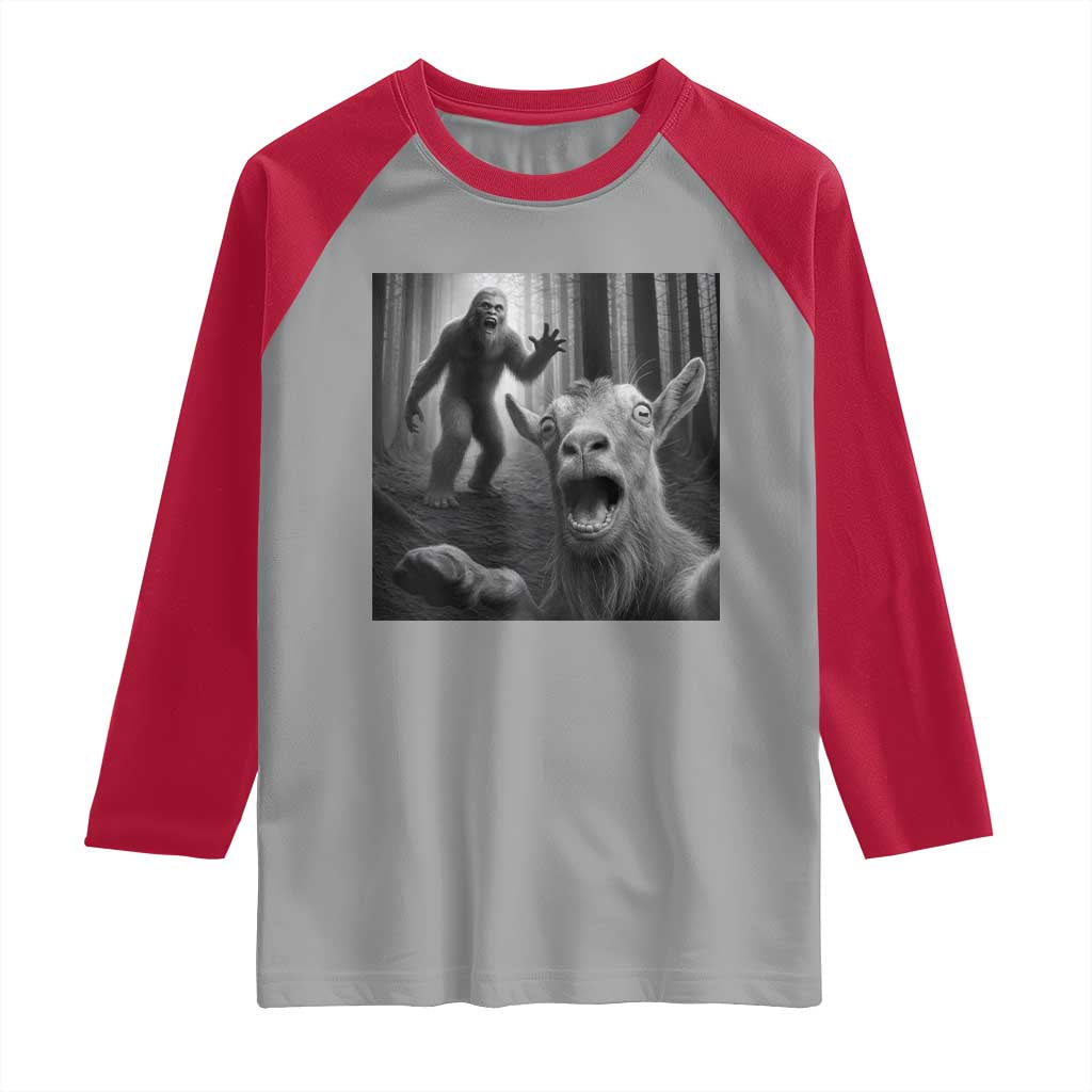 Goat Selfie With Bigfoot Raglan Shirt Funny Cryptid Gift - Wonder Print Shop