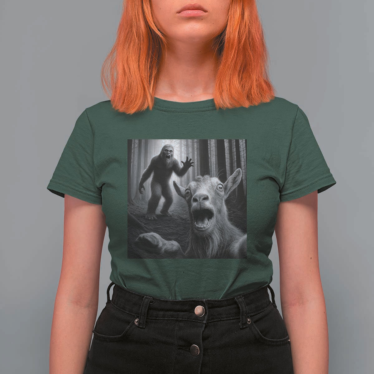 Goat Selfie With Bigfoot T Shirt For Women Funny Cryptid Gift - Wonder Print Shop