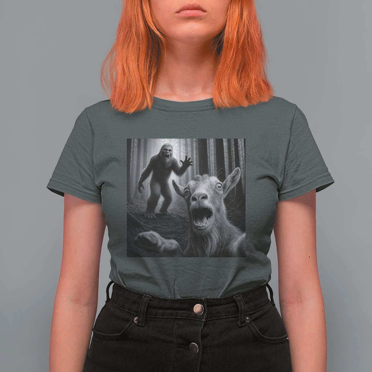 Goat Selfie With Bigfoot T Shirt For Women Funny Cryptid Gift - Wonder Print Shop