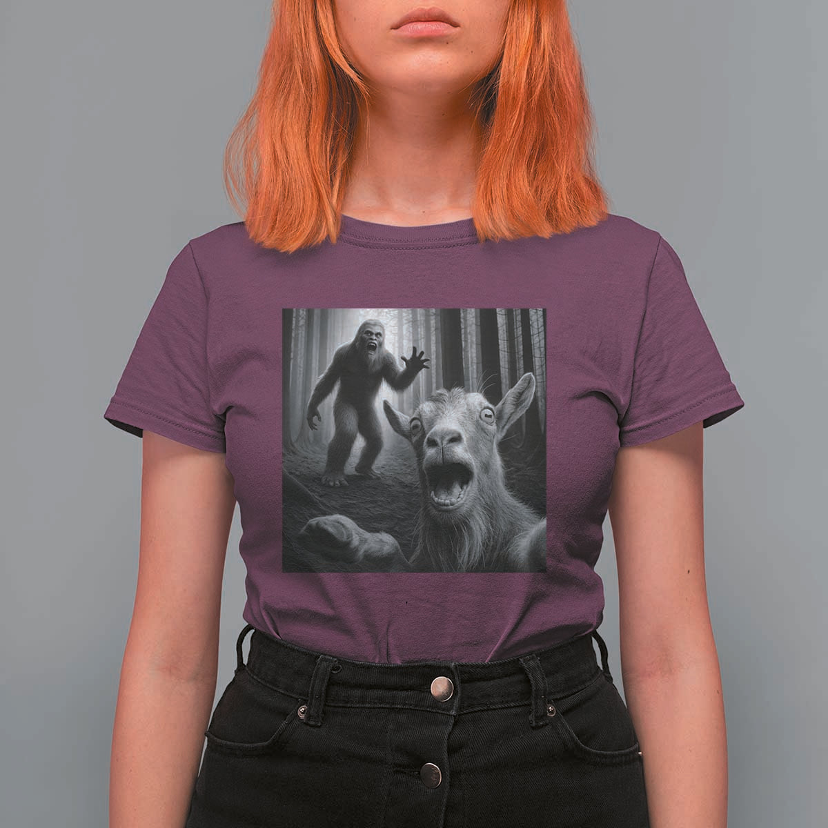 Goat Selfie With Bigfoot T Shirt For Women Funny Cryptid Gift - Wonder Print Shop
