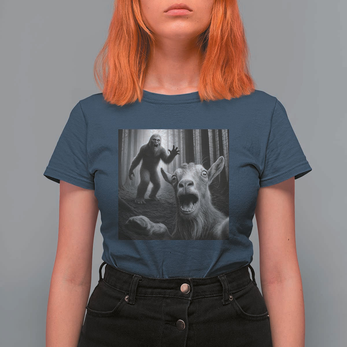 Goat Selfie With Bigfoot T Shirt For Women Funny Cryptid Gift - Wonder Print Shop