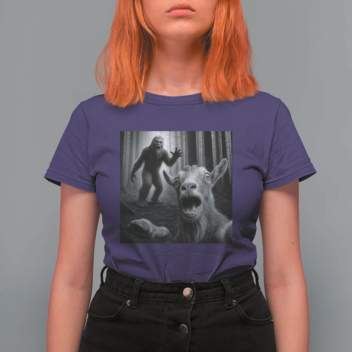 Goat Selfie With Bigfoot T Shirt For Women Funny Cryptid Gift - Wonder Print Shop