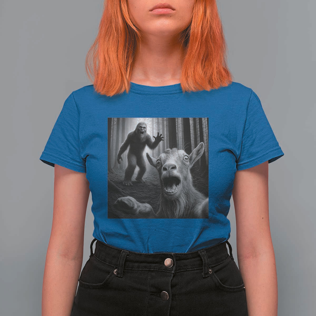 Goat Selfie With Bigfoot T Shirt For Women Funny Cryptid Gift - Wonder Print Shop